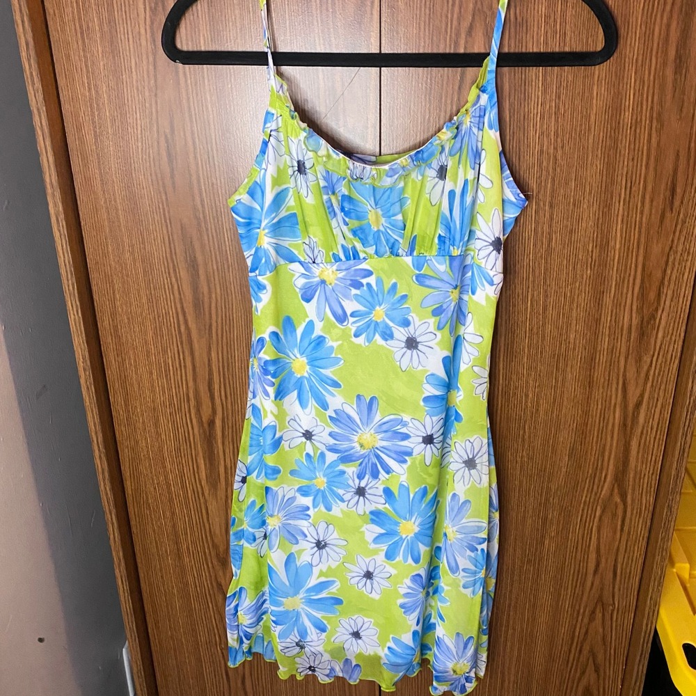 Faith Passion Mini Dress Womens Medium Green Blue Floral Daisy Mesh Y2K
